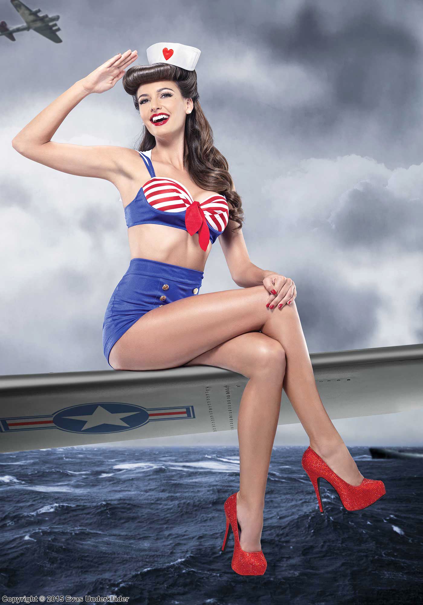 Female sailor, top and shorts costume, bow, buttons, stripes